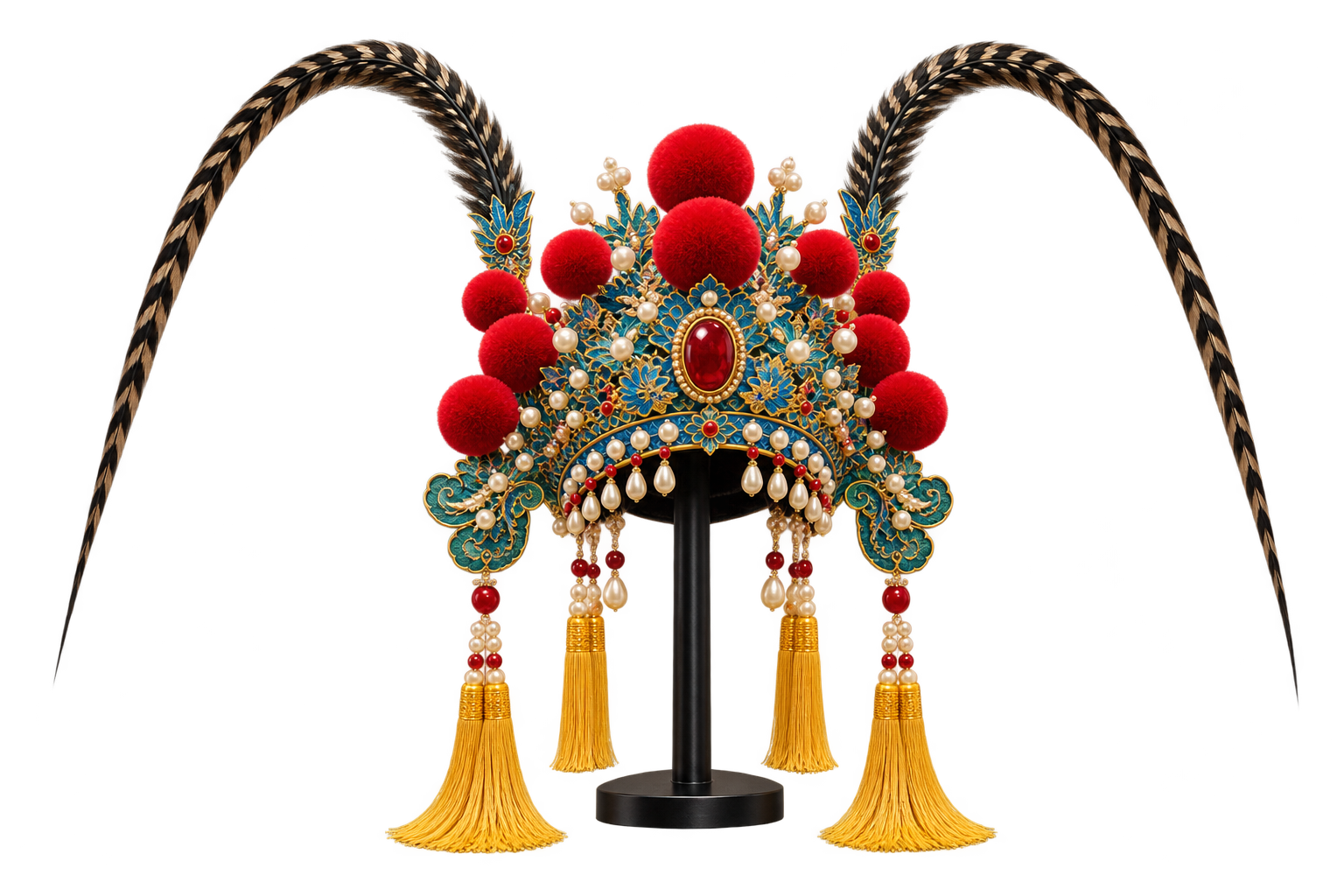 蓝绿金饰湘剧盔头，朱红绒球点缀，完整双翎舒展，珠串和金色流苏垂落